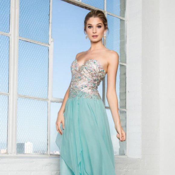 NEW LONG SLEEVELESS A-LINE CHIFFON DRESS EMBROIDERED WITH RHINESTONES GL2092 - Picture 1 of 12